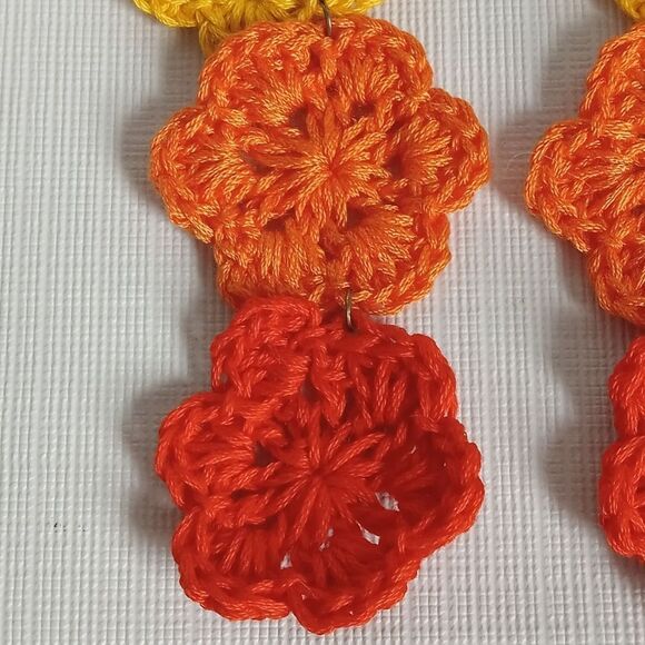 Handmade Multicolored Embroidery Floss Crochet Triple Flowers Statement Earrings - Picture 3 of 10